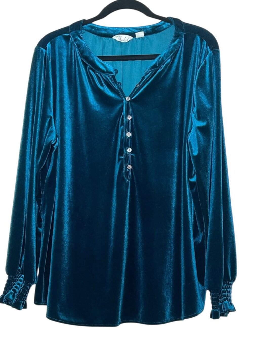 Caffé Marrakesh dark teal blue velvet ¼ button front long sleeve blouse size XL
